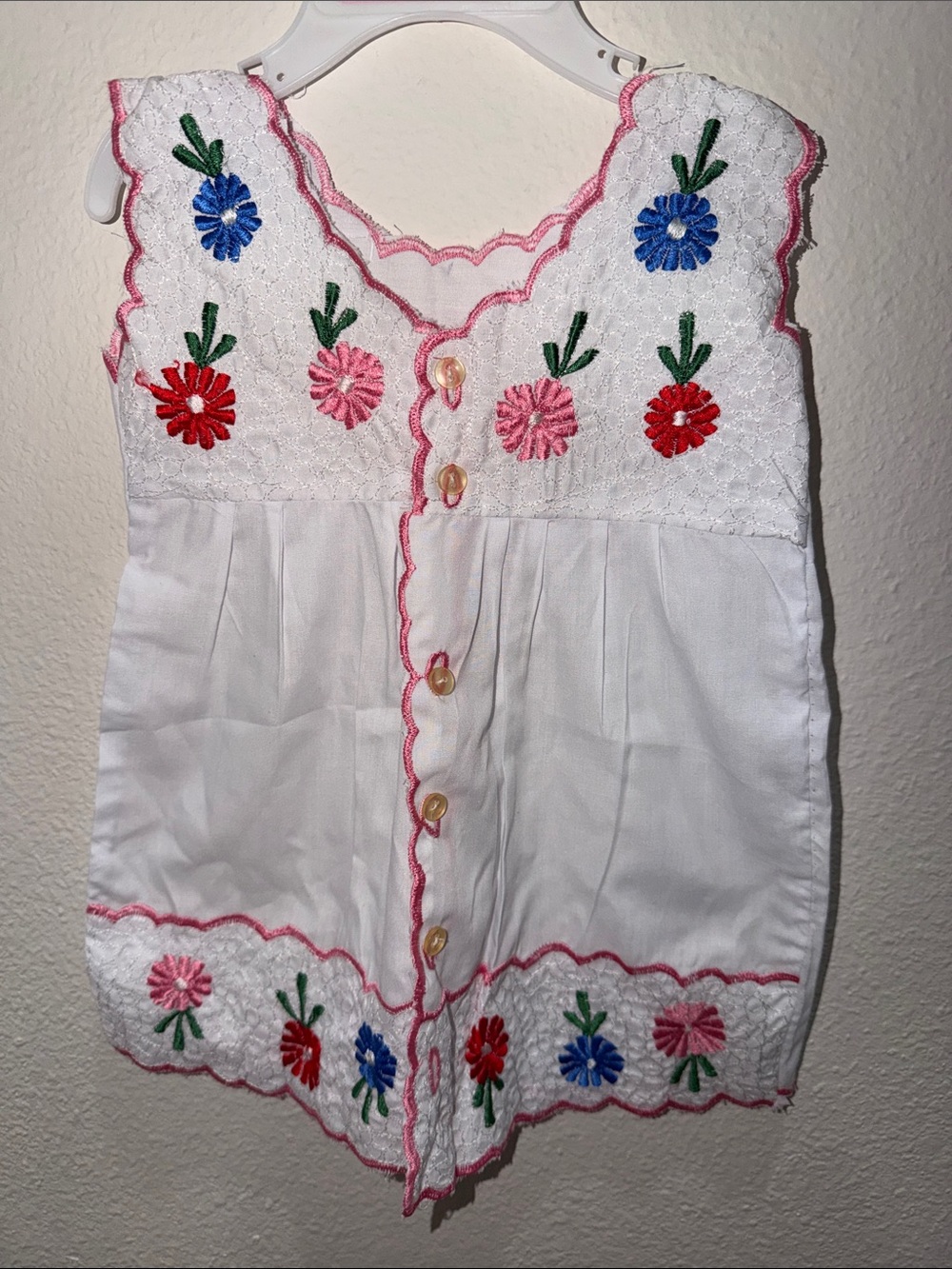 Hand-Embroidered White Sleeveless Button Front Top with Floral Trim